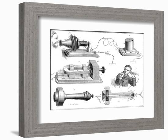 Engraving Diagram Showing Alexander Graham Bells Telephone System-null-Framed Art Print