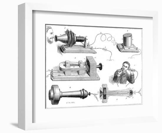 Engraving Diagram Showing Alexander Graham Bells Telephone System-null-Framed Art Print