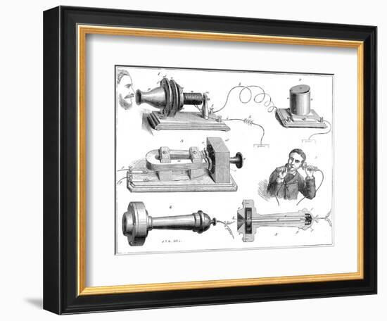 Engraving Diagram Showing Alexander Graham Bells Telephone System-null-Framed Art Print