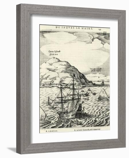 Engraving from the Journal of Jacob Le Maire Depicting the Arrival at the Cocos Islands, Tonga-null-Framed Giclee Print