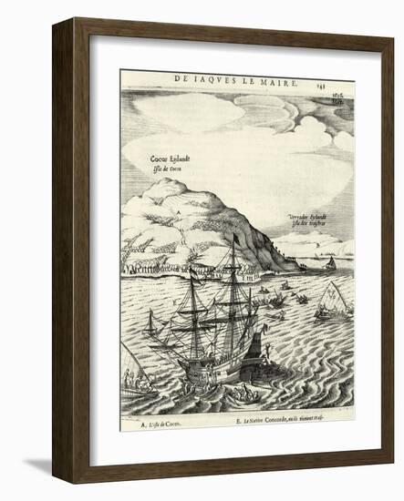 Engraving from the Journal of Jacob Le Maire Depicting the Arrival at the Cocos Islands, Tonga-null-Framed Giclee Print