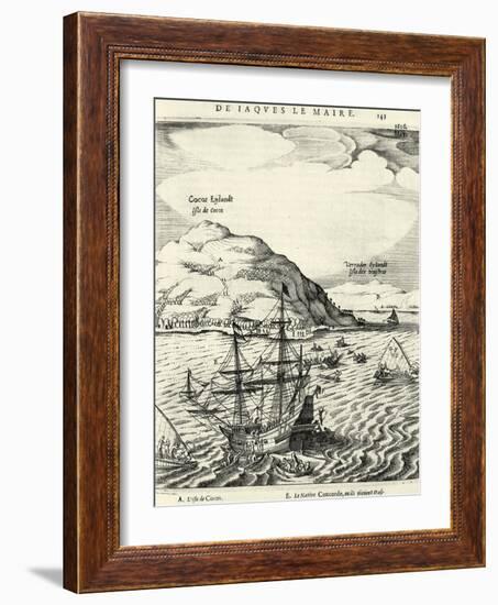 Engraving from the Journal of Jacob Le Maire Depicting the Arrival at the Cocos Islands, Tonga-null-Framed Giclee Print