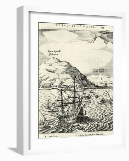 Engraving from the Journal of Jacob Le Maire Depicting the Arrival at the Cocos Islands, Tonga-null-Framed Giclee Print