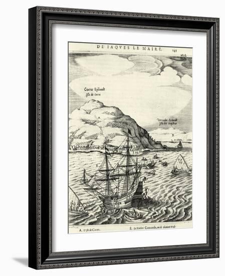 Engraving from the Journal of Jacob Le Maire Depicting the Arrival at the Cocos Islands, Tonga-null-Framed Giclee Print