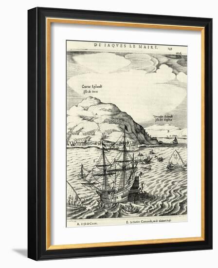 Engraving from the Journal of Jacob Le Maire Depicting the Arrival at the Cocos Islands, Tonga-null-Framed Giclee Print