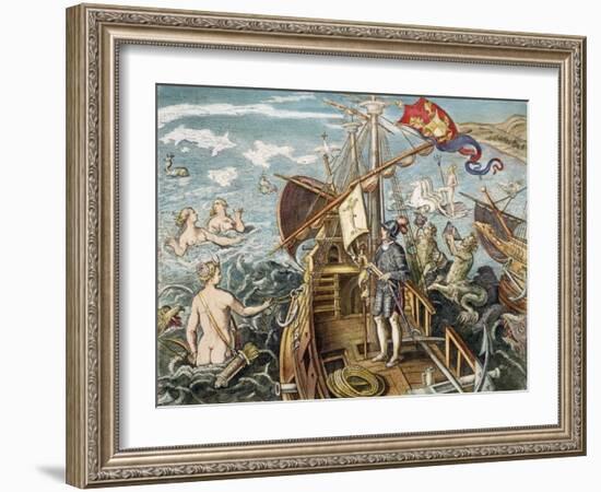 Engraving of Christopher Columbus Standing on His Ship-null-Framed Giclee Print