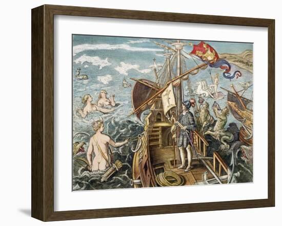 Engraving of Christopher Columbus Standing on His Ship-null-Framed Giclee Print