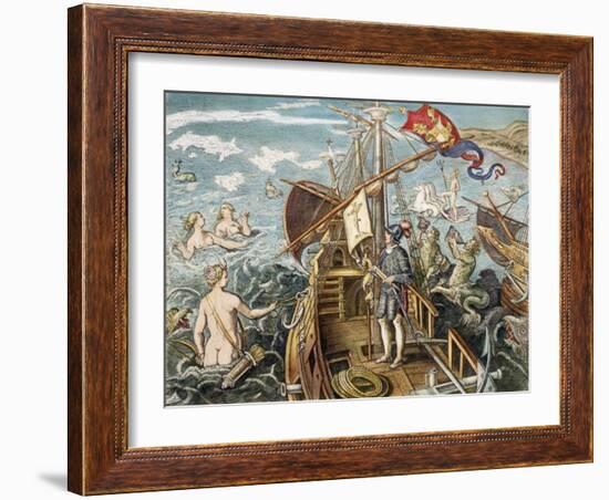 Engraving of Christopher Columbus Standing on His Ship-null-Framed Giclee Print