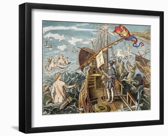 Engraving of Christopher Columbus Standing on His Ship-null-Framed Giclee Print