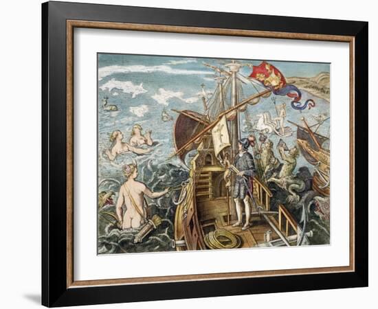 Engraving of Christopher Columbus Standing on His Ship-null-Framed Giclee Print