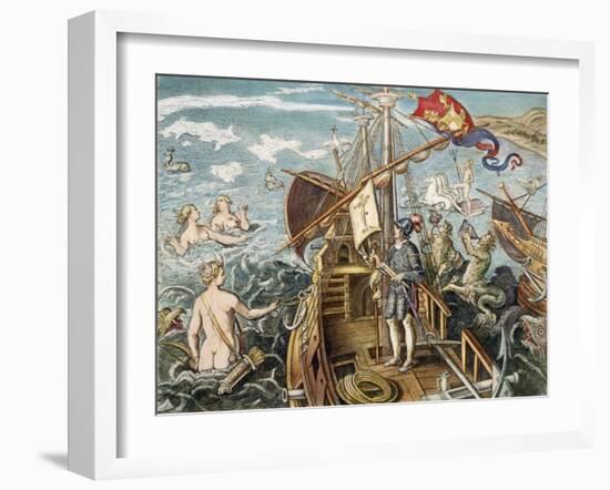 Engraving of Christopher Columbus Standing on His Ship-null-Framed Giclee Print