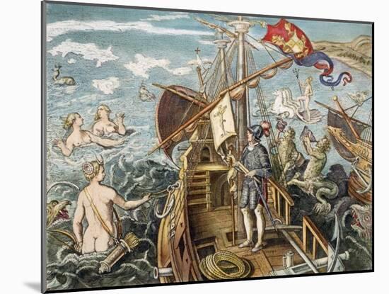 Engraving of Christopher Columbus Standing on His Ship-null-Mounted Giclee Print