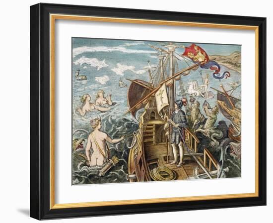Engraving of Christopher Columbus Standing on His Ship-null-Framed Giclee Print