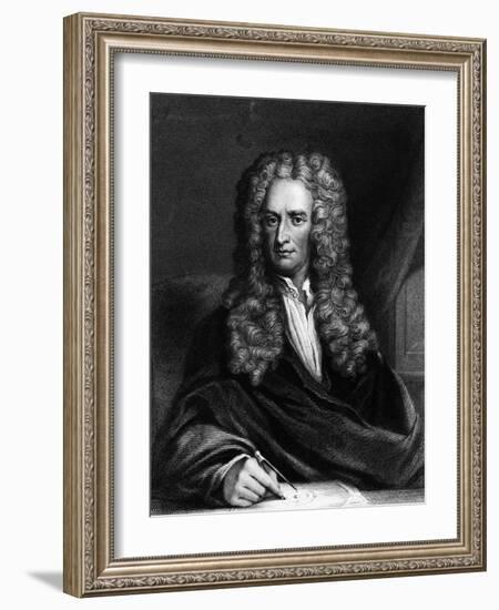 Engraving of Sir Isaac Newton Seated at a Table-null-Framed Giclee Print