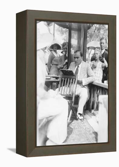 Enrico Caruso Leans Back on Chair Holding a Board with Music-null-Framed Stretched Canvas