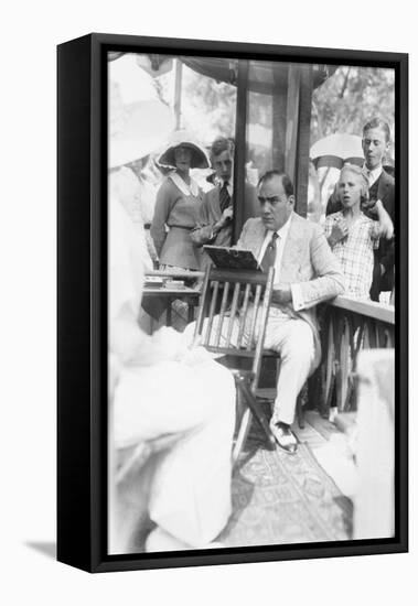 Enrico Caruso Leans Back on Chair Holding a Board with Music-null-Framed Stretched Canvas