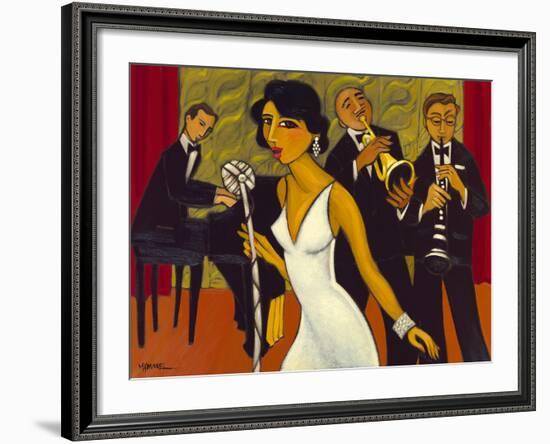 Ensemble with Green Curtain (Lady in White)-Marsha Hammel-Framed Giclee Print