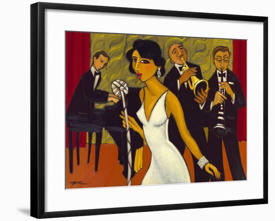 Ensemble with Green Curtain (Lady in White)-Marsha Hammel-Framed Giclee Print