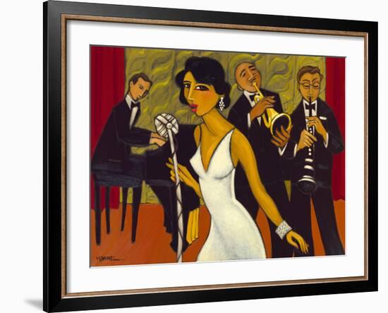 Ensemble with Green Curtain (Lady in White)-Marsha Hammel-Framed Giclee Print