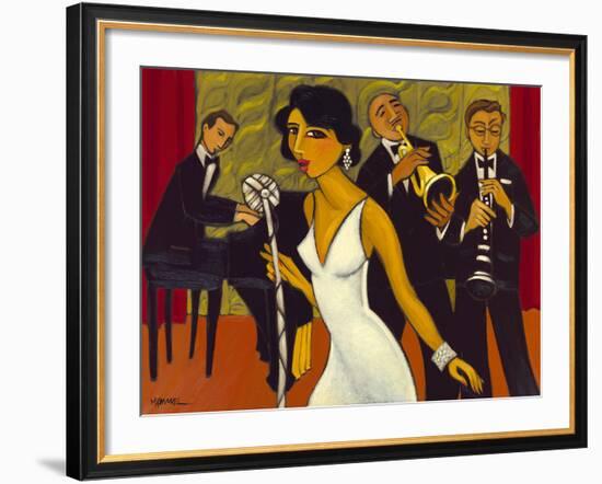 Ensemble with Green Curtain (Lady in White)-Marsha Hammel-Framed Giclee Print