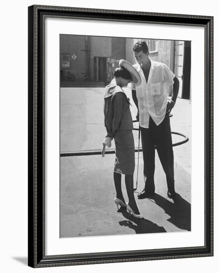 Entertainer Dean Martin Talking with Actress Pier Angeli on the Lot of a Studio-Allan Grant-Framed Premium Photographic Print