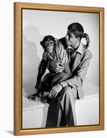 Entertainer Jerry Lewis with a Chimpanzee-Peter Stackpole-Framed Premier Image Canvas