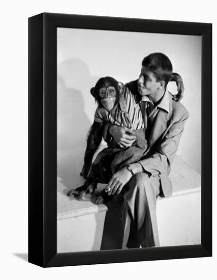 Entertainer Jerry Lewis with a Chimpanzee-Peter Stackpole-Framed Premier Image Canvas
