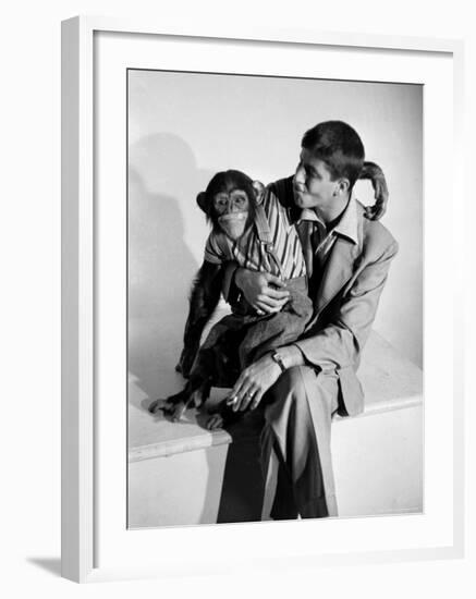 Entertainer Jerry Lewis with a Chimpanzee-Peter Stackpole-Framed Premium Photographic Print