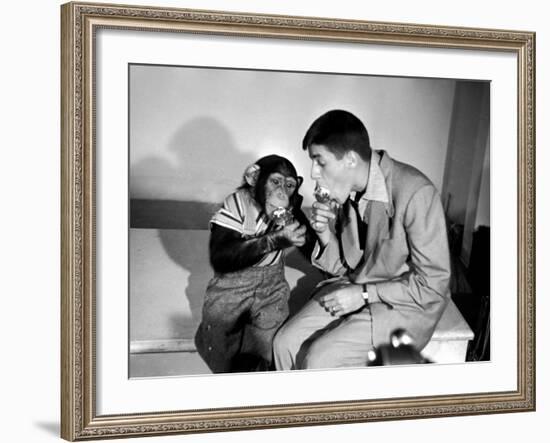 Entertainer Jerry Lewis with a Chimpanzee-Peter Stackpole-Framed Premium Photographic Print