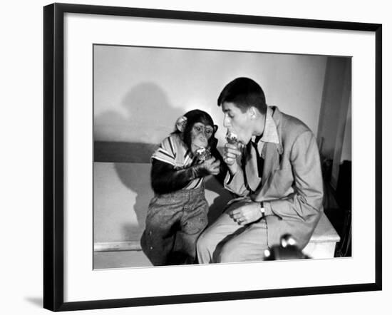 Entertainer Jerry Lewis with a Chimpanzee-Peter Stackpole-Framed Premium Photographic Print