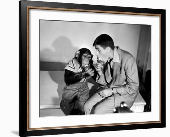 Entertainer Jerry Lewis with a Chimpanzee-Peter Stackpole-Framed Premium Photographic Print