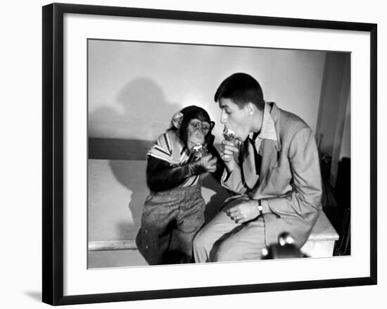 Entertainer Jerry Lewis with a Chimpanzee-Peter Stackpole-Framed Premium Photographic Print