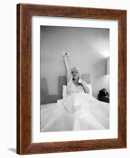 Entertainer Mae West Lifitng Barbells in Bed-Loomis Dean-Framed Photographic Print