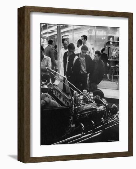 Enthusiasts Admiring Chromed Roadster Ford with a Cadillac Engine That Took 5 Years to Build-Ralph Crane-Framed Photographic Print