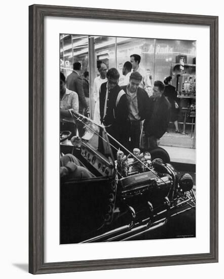 Enthusiasts Admiring Chromed Roadster Ford with a Cadillac Engine That Took 5 Years to Build-Ralph Crane-Framed Photographic Print