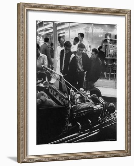 Enthusiasts Admiring Chromed Roadster Ford with a Cadillac Engine That Took 5 Years to Build-Ralph Crane-Framed Photographic Print