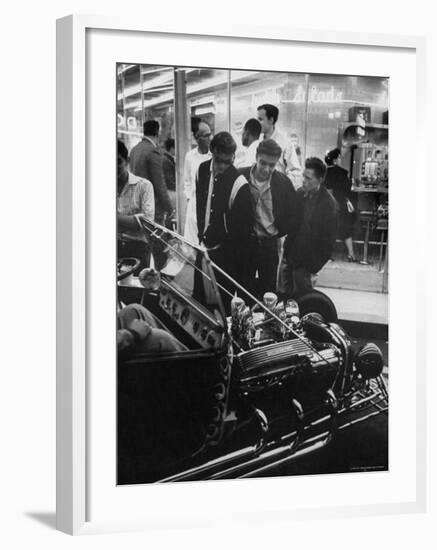 Enthusiasts Admiring Chromed Roadster Ford with a Cadillac Engine That Took 5 Years to Build-Ralph Crane-Framed Photographic Print