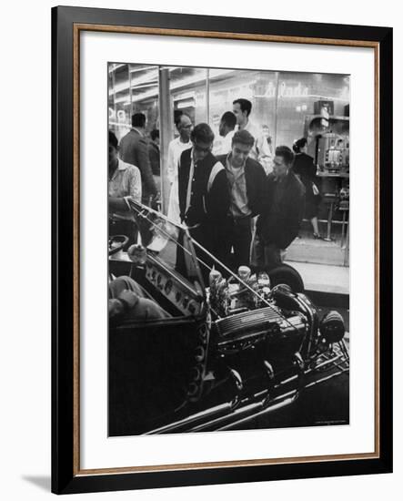 Enthusiasts Admiring Chromed Roadster Ford with a Cadillac Engine That Took 5 Years to Build-Ralph Crane-Framed Photographic Print