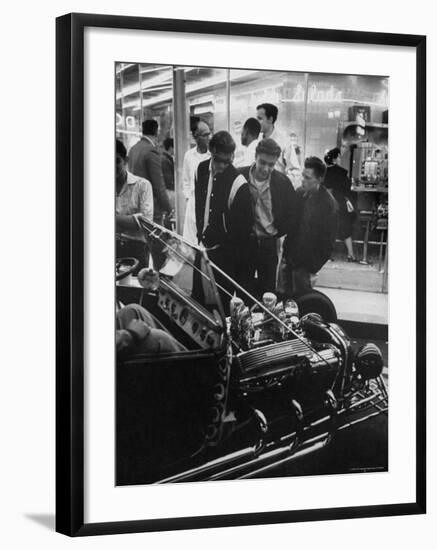 Enthusiasts Admiring Chromed Roadster Ford with a Cadillac Engine That Took 5 Years to Build-Ralph Crane-Framed Photographic Print