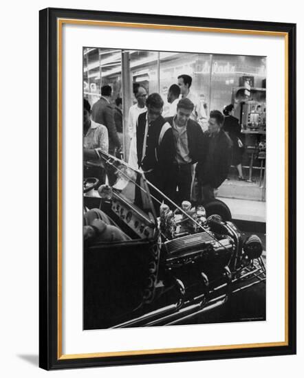 Enthusiasts Admiring Chromed Roadster Ford with a Cadillac Engine That Took 5 Years to Build-Ralph Crane-Framed Photographic Print