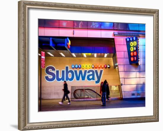 Entrance of a Subway Station in Times Square - Urban Street Scene by Night - Manhattan - New York-Philippe Hugonnard-Framed Photographic Print