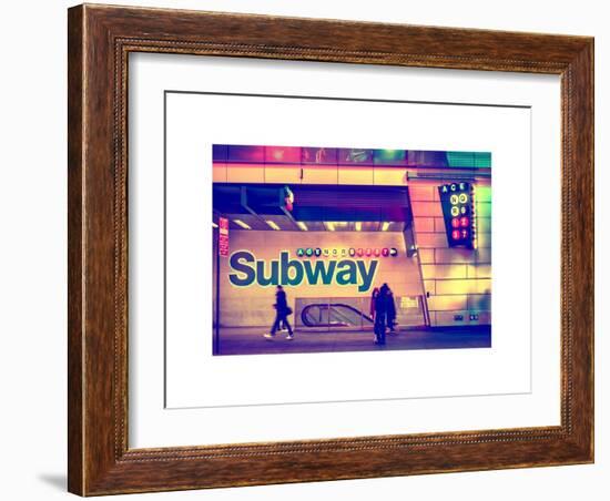 Entrance of a Subway Station in Times Square - Urban Street Scene by Night - Manhattan - New York-Philippe Hugonnard-Framed Art Print