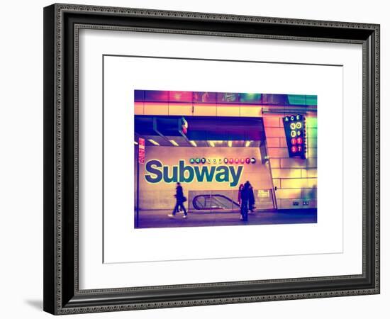 Entrance of a Subway Station in Times Square - Urban Street Scene by Night - Manhattan - New York-Philippe Hugonnard-Framed Art Print