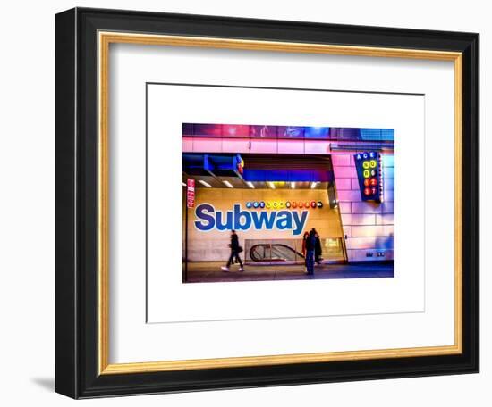 Entrance of a Subway Station in Times Square - Urban Street Scene by Night - Manhattan - New York-Philippe Hugonnard-Framed Art Print