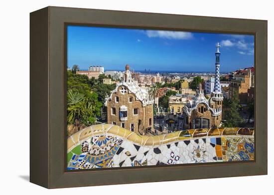 Entrance of Park Güell with City Skyline Behind, Barcelona, Catalonia, Spain-Stefano Politi Markovina-Framed Premier Image Canvas