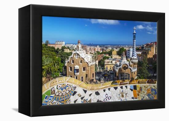 Entrance of Park Güell with City Skyline Behind, Barcelona, Catalonia, Spain-Stefano Politi Markovina-Framed Premier Image Canvas