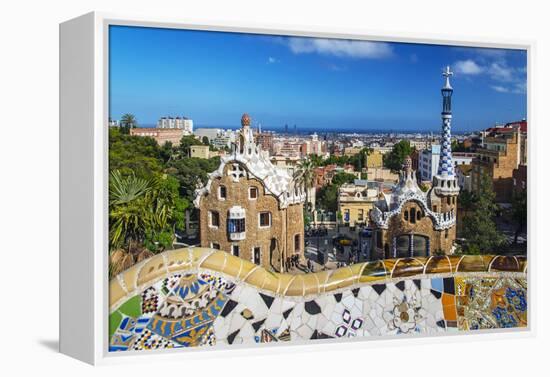 Entrance of Park Güell with City Skyline Behind, Barcelona, Catalonia, Spain-Stefano Politi Markovina-Framed Premier Image Canvas