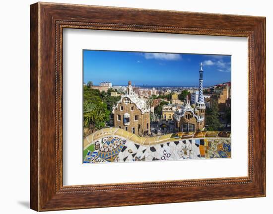 Entrance of Park Güell with City Skyline Behind, Barcelona, Catalonia, Spain-Stefano Politi Markovina-Framed Photographic Print