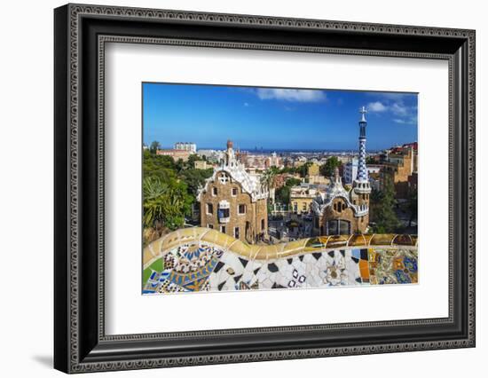 Entrance of Park Güell with City Skyline Behind, Barcelona, Catalonia, Spain-Stefano Politi Markovina-Framed Photographic Print