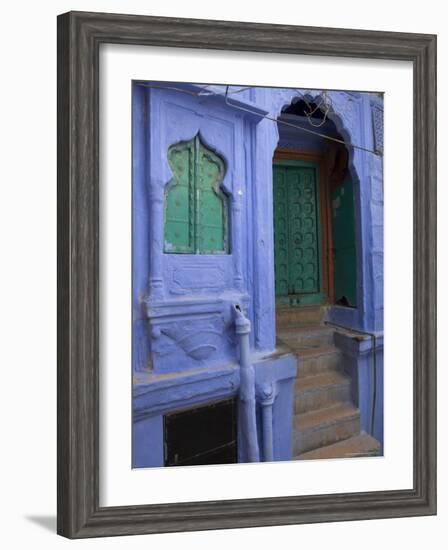 Entrance Porch and Window of Blue Painted Haveli, Old City, Jodhpur, Rajasthan State, India-Eitan Simanor-Framed Photographic Print